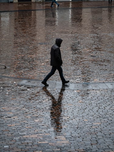 A street photography scene in Utrecht. A single figure walking across a cobblestone square in the rain. Reflective charcoal pavement, soft light, minimalist composition capturing a quiet, real moment in a Northern European city.