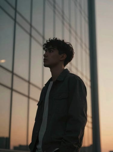 An artistic, slightly abstract shot of P.E.P YLS's reflection in a glass skyscraper during sunset. The sky is a warm tan #8D765D. The image is sophisticated and reflects his global reaching music.