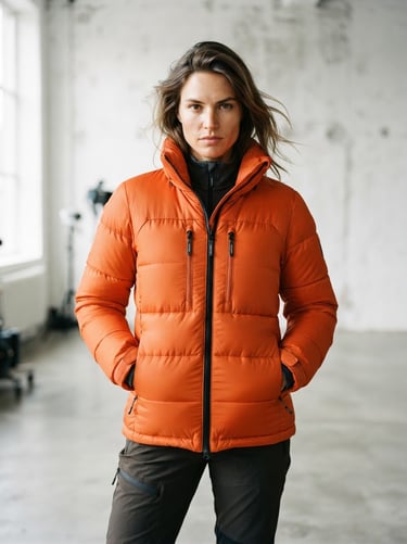 Model wearing a technical orange puffer jacket, clean daylight studio setting, detailed stitching.