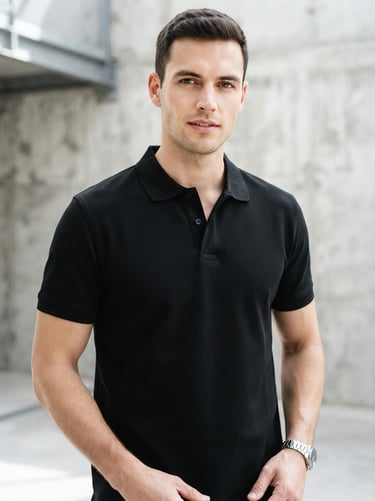 Model wearing a premium black polo shirt, bright high-contrast studio lighting, crisp fabric weave visible.