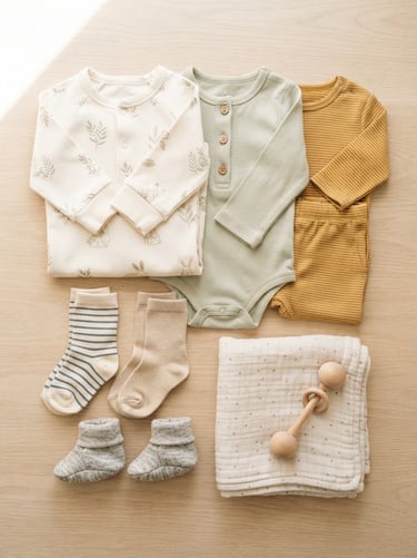 Flatlay of organic cotton baby rompers and baby sets alongside export-grade combed cotton socks, bright high-key studio light.