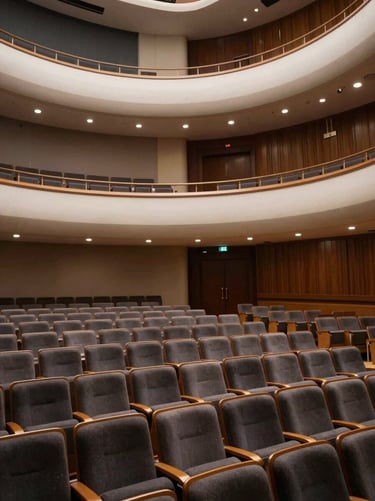 A landscape photography shot of a modern, empty auditorium in the US with plush seating and architectural lighting in off-white and charcoal tones, reflecting a sophisticated performance venue.