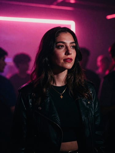 Intimate portrait of a female music journalist, dark club background, neon pink backlight, atmospheric grain