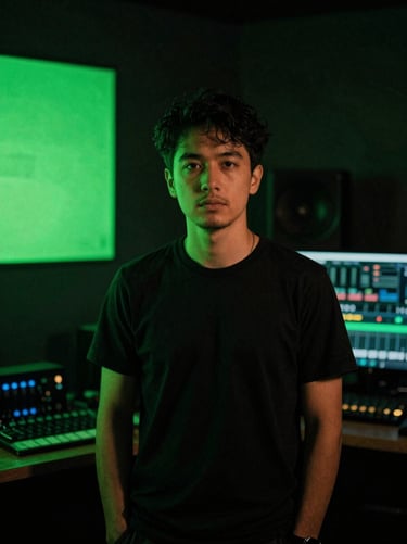 Intimate portrait of a music editor in a dark studio, neon green ambient light, moody shadows, authentic look