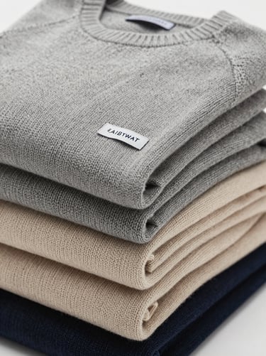 A stack of folded custom-milled sweaters in muted stone gray and soft oat, showing high-texture knit details and a clean brand label
