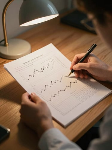A researcher's hands reviewing printed charts of societal trend lines under warm desk lamp light, focused on data points, professional editorial style.