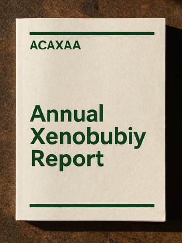Front cover of the ACAXAA Annual Xenophobia Report, featuring clean minimalist typography on thick textured paper, rich forest green accent lines, warm lighting, shallow depth of field.