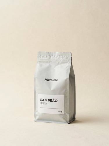 Minimalist studio photo of Microlote Campeão Prata coffee bag, 250g, textured cream background, warm earth tones, editorial composition