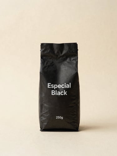 Minimalist studio photo of Especial Black coffee bag, 250g, textured cream background, warm earth tones, editorial composition
