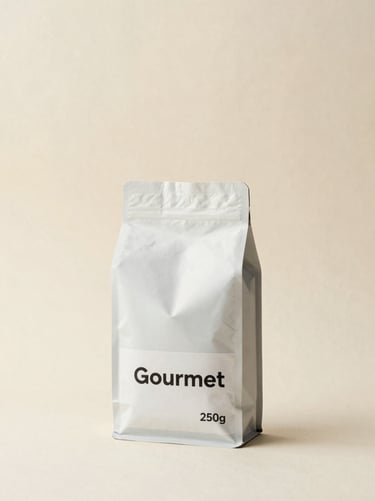 Minimalist studio photo of Gourmet coffee bag, 250g, textured cream background, warm earth tones, editorial composition