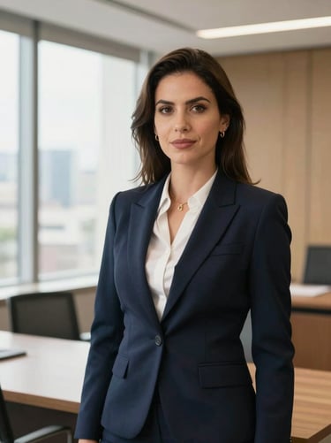 Professional portrait of a female corporate lawyer in a modern São Paulo office, elegant professional attire, bright natural light, sharp focus