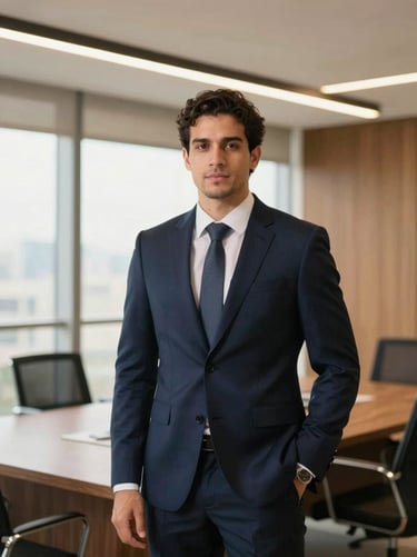 Professional portrait of a male corporate lawyer in a modern São Paulo office, deep navy suit, warm gold ambient lighting, confident look