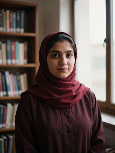 Portrait of a young Hazara female academic in a library, soft window light, deep saturated tones, professional and intellectual expression, raw photojournalism.