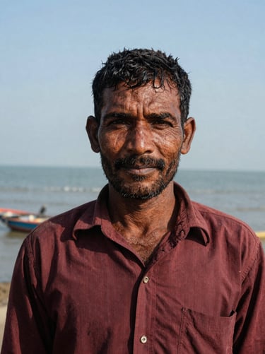 Intimate portrait of a local fisherman in Gwadar, weathered face, natural high-contrast daylight, coastal background, 35mm documentary photography.