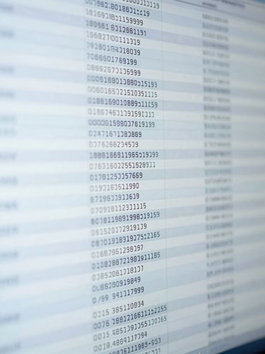 Extreme close-up of structured data rows on a terminal screen, cool blue-white monochrome, audit log entries visible as ordered lines of code, no readable text, sharp focus on grid structure, even studio lighting
