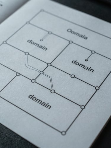 Overhead close-up of a modular system architecture diagram on matte paper, three clearly delineated boundary zones labeled with domain names, cool studio lighting, no shadows, blueprint aesthetic