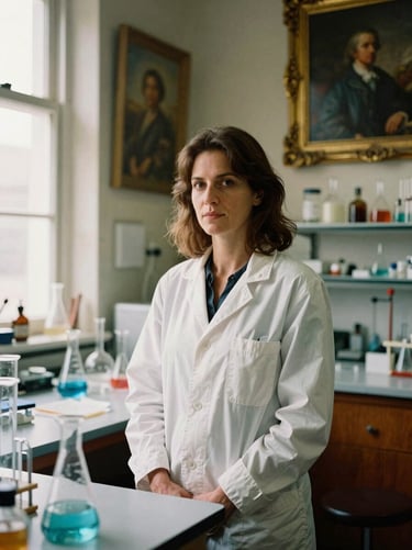 Portrait of materials chemist Elena Bianchi in a restoration lab, soft window light, scientific glassware and antique paintings in background, 35mm