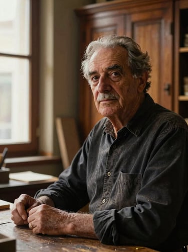 Portrait of senior Italian restorer Aurelio Rossi in his workshop, dramatic side lighting, rich wood tones, 35mm