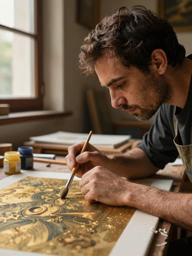 Portrait of paintings restorer Matteo Neri working on a canvas, chiaroscuro lighting, fine brushes and pigment jars visible, 35mm