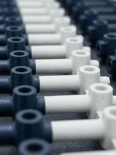 A batch of custom-fabricated mechanical parts arranged neatly in rows, demonstrating series production. Premium industrial photography with minimal composition, dark navy blue and white tones in Spain.