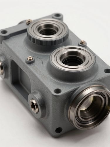A high-quality studio shot of complex CAD-designed mechanical parts with a smooth slate gray finish on an off-white surface. High precision, clean look, professional industrial design in Spain.