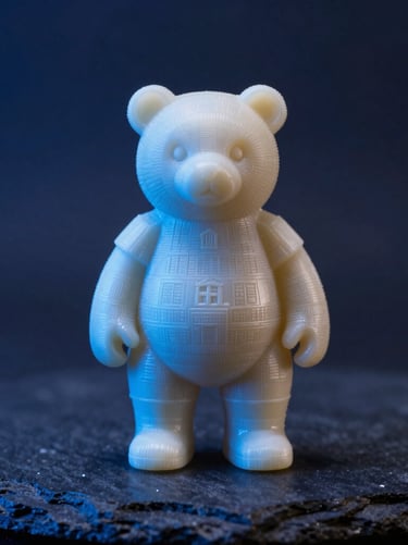 A detailed macro shot of a precise resin 3D printed figurine with flawless surfaces, highlighted by dramatic electric blue accent lighting on a dark slate blue background in Southern Europe.