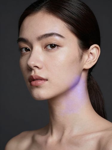 High-concept portrait of a woman with flawless skin, subtle digital lavender light tracing her jawline, dark minimalist background