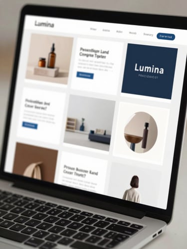 A laptop screen showing a grid of high-quality website layouts for the Lumina project, emphasizing professional digital strategy and refined aesthetics.