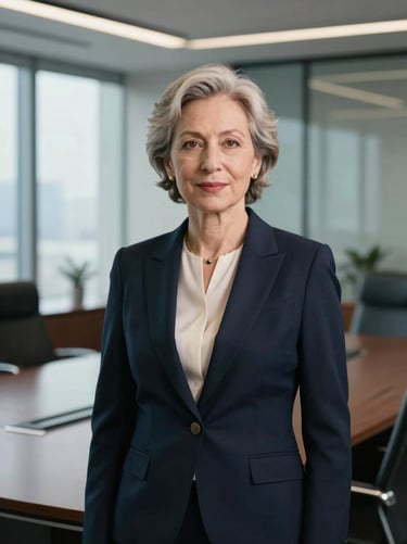 Sharp professional portrait of a senior female corporate lawyer in elegant business attire, modern executive boardroom background, cool morning light, shallow depth of field, 35mm