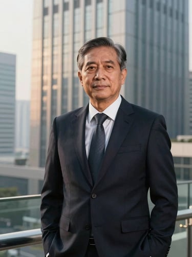 Sharp professional portrait of a senior male corporate lawyer in a dark tailored suit, cool morning office light, modern Jakarta high-rise background, shallow depth of field, 35mm