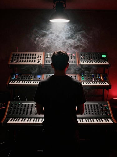 Atmospheric silhouette of a producer standing before a wall of modular synthesizers, single-source overhead light, dense smoke, low-key ambient red lighting.
