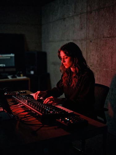 Chiaroscuro portrait of a female synthesist in a dimly lit concrete studio, low-key red glow, modular patch cables in shadow, grainy 35mm film.