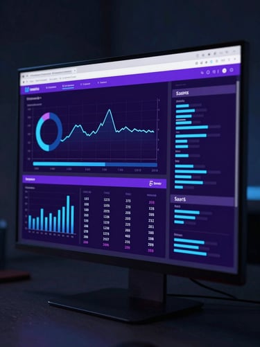 SaaS analytics platform dashboard displayed on a dark monitor, violet and electric blue data visualization panels, real-time metrics grid, cold clinical studio lighting, slight angle, no people