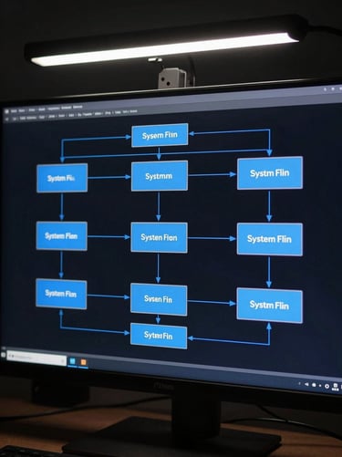 System architecture diagram on a dark monitor screen showing interconnected service nodes in electric blue on near-black background, cold studio strobe from top, technical schematic aesthetic, no people