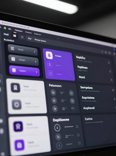 Close-up of a dark-mode design system UI kit on screen, showing button states, component library panels, violet accent tokens, precise typography specimens, cold overhead studio lighting, no people