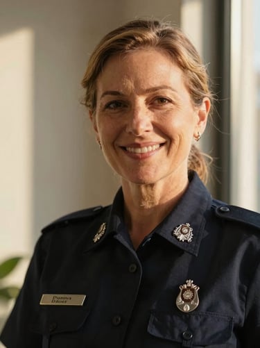 Warm environmental portrait of a smiling mature Caucasian female agent, soft natural golden hour light, compassionate and experienced look