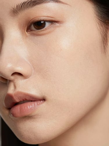 Close-up of smooth, radiant cheek skin with refined texture under identical soft warm studio lighting, 35mm clinical aesthetic