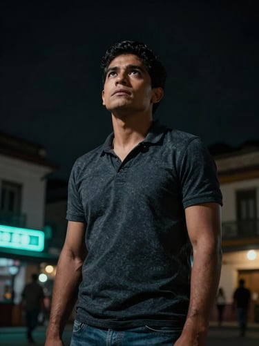 A low-angle shot of a South American / Colombian actor looking up at the sky in an urban square. The lighting is dark charcoal with subtle electric neon cyan glow from distant signs. Dramatic and inspiring composition.