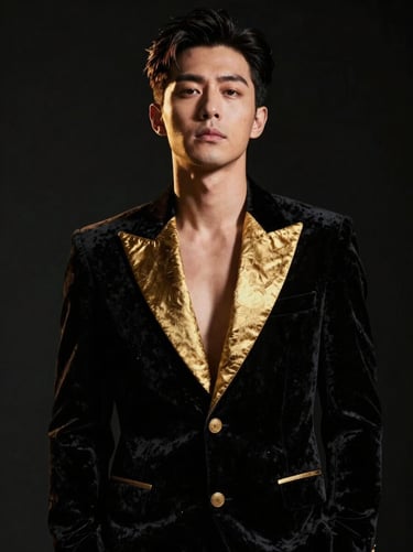 Moody editorial portrait of a man in a structured black velvet blazer with gold lapel accents, dramatic studio lighting, dark background