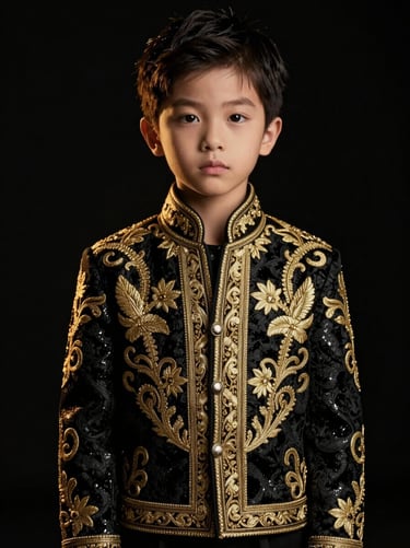 Moody editorial portrait of a child wearing a premium tailored black and gold embroidered jacket, dark background