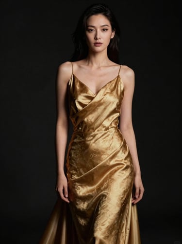 Moody editorial portrait of a woman in a heavy gold silk draped gown, dramatic low-key studio lighting, black background