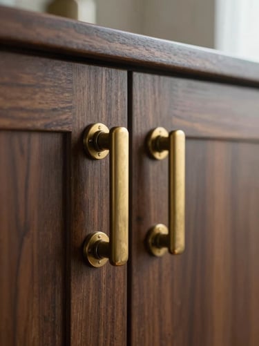 Editorial close-up of premium brass hardware on a dark oak cabinet, soft natural afternoon light.