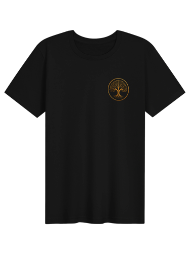 Black cotton t-shirt featuring a golden tree of life emblem printed on the chest.