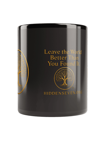 Black ceramic coffee mug with gold tree logo and inspirational quote Leave the World Better Than You Found It.