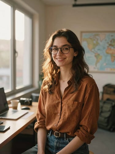 Portrait of a young female travel designer with glasses, smiling, soft window light, background of a minimalist travel studio with maps, warm atmosphere.