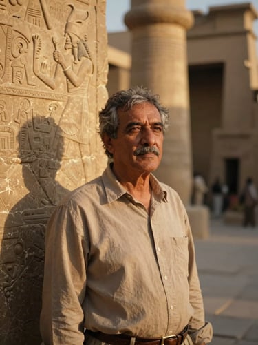 Portrait of a male historian in his 50s, standing near a stone relief in Luxor, Egypt, warm golden hour sunlight, cinematic depth of field.