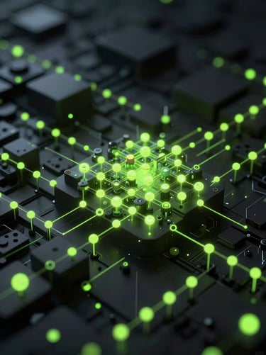 Abstract 3D dark tech render of glowing code nodes, low-key dramatic studio lighting, deep charcoal and vivid lime, cinematic, 8k resolution