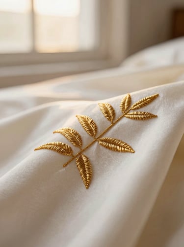 Macro close-up of delicate tilla threadwork on pure ivory raw silk, soft golden-hour window light, highlighting gold embroidery details, shallow depth of field