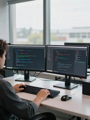 Wide environmental shot of a QA engineer at a desk with two monitors showing testing dashboards and code, natural north-facing daylight through a large window, mid-distance framing showing workspace context