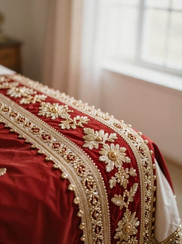 Close-up detail of hand-embroidered crimson bindallı fabric, intricate gold beadwork and traditional motifs under soft diffused light, shallow depth of field, 35mm.